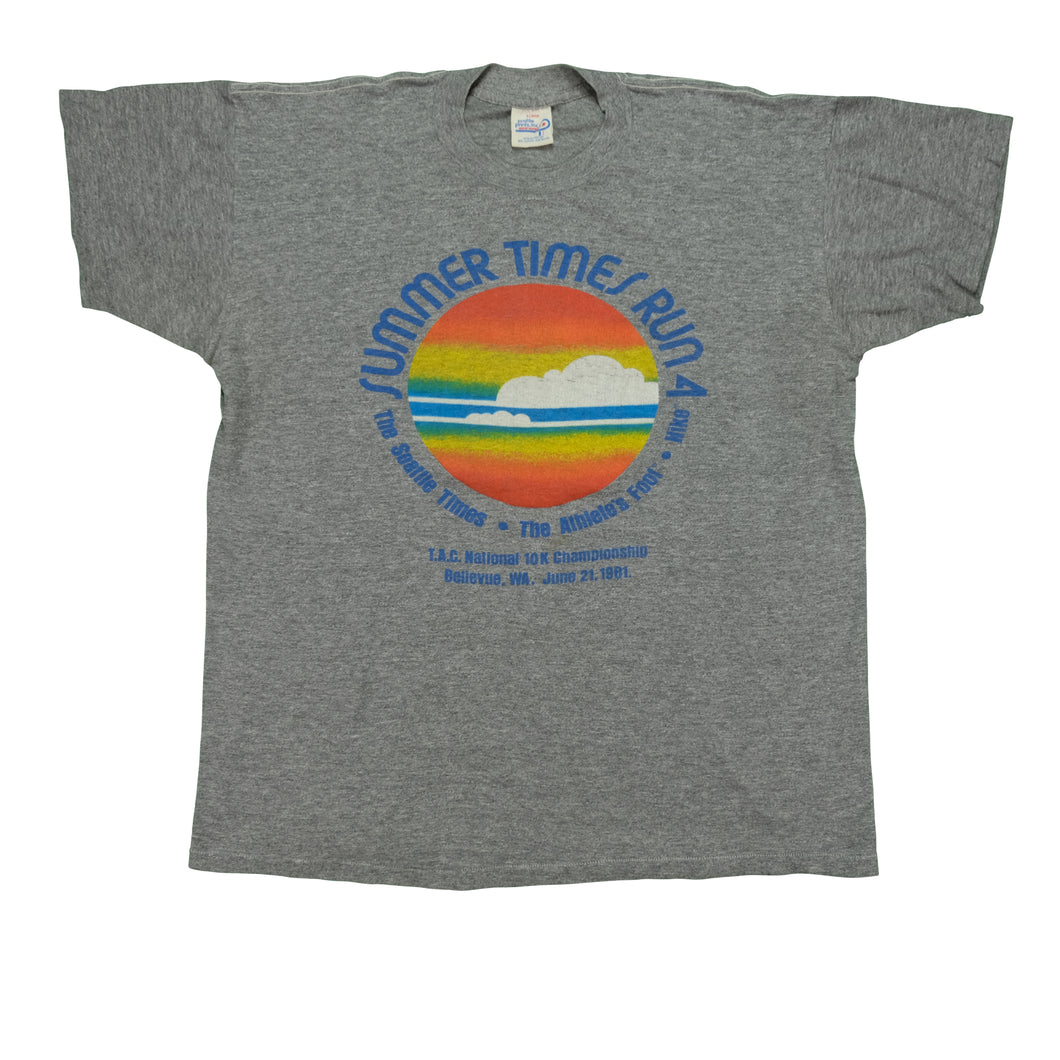 Vintage The Seattle Times Summer 10K National Championship Run Sponsored by Nike Spell Out Swoosh 1981 T Shirt 80s Gray XL