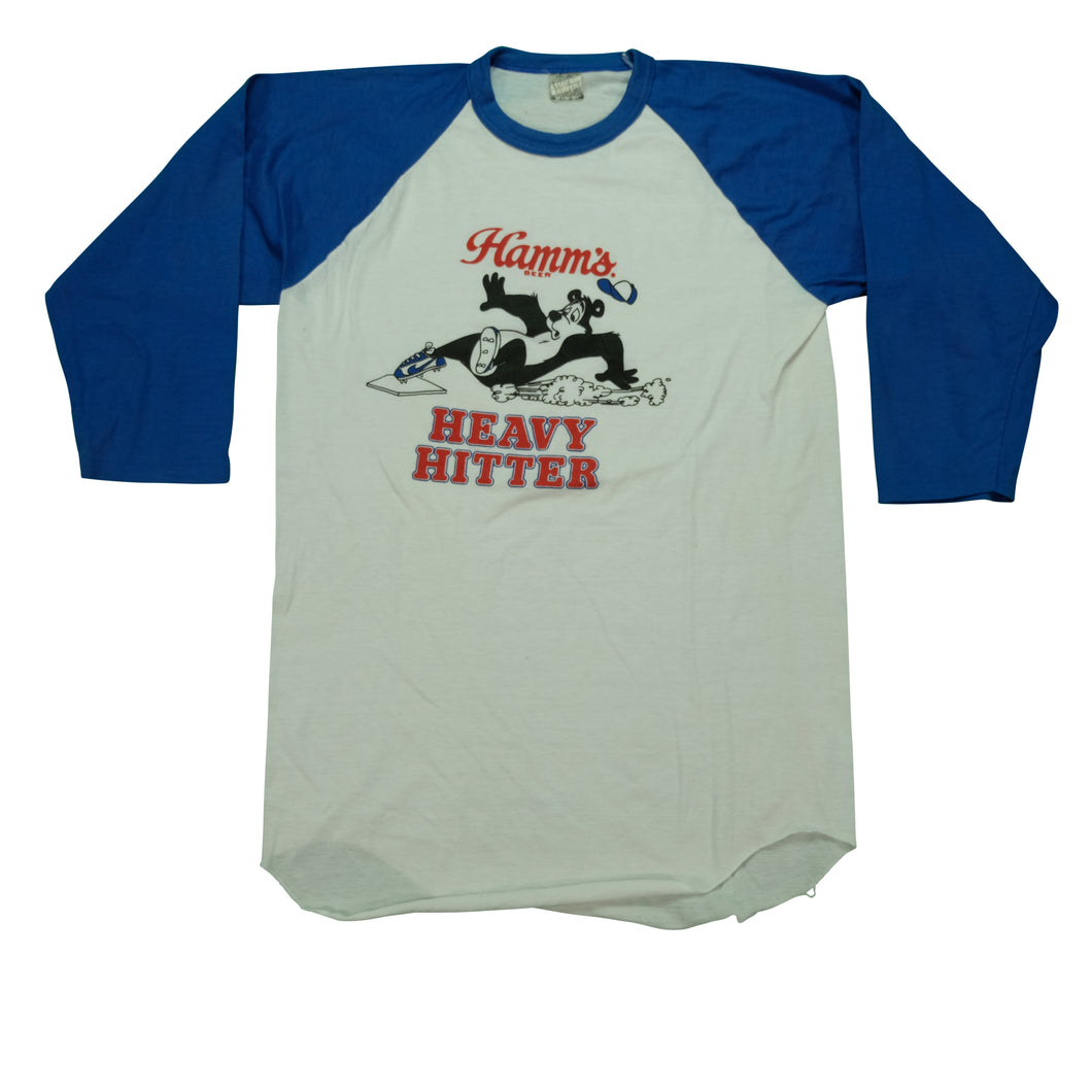 Vintage Hamm's Beer Heavy Hitter Raglan T Shirt 90s White Blue