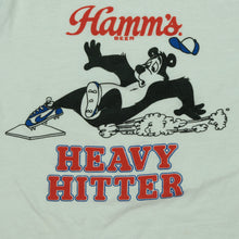 Load image into Gallery viewer, Vintage Hamm&#39;s Beer Heavy Hitter Raglan T Shirt 90s White Blue
