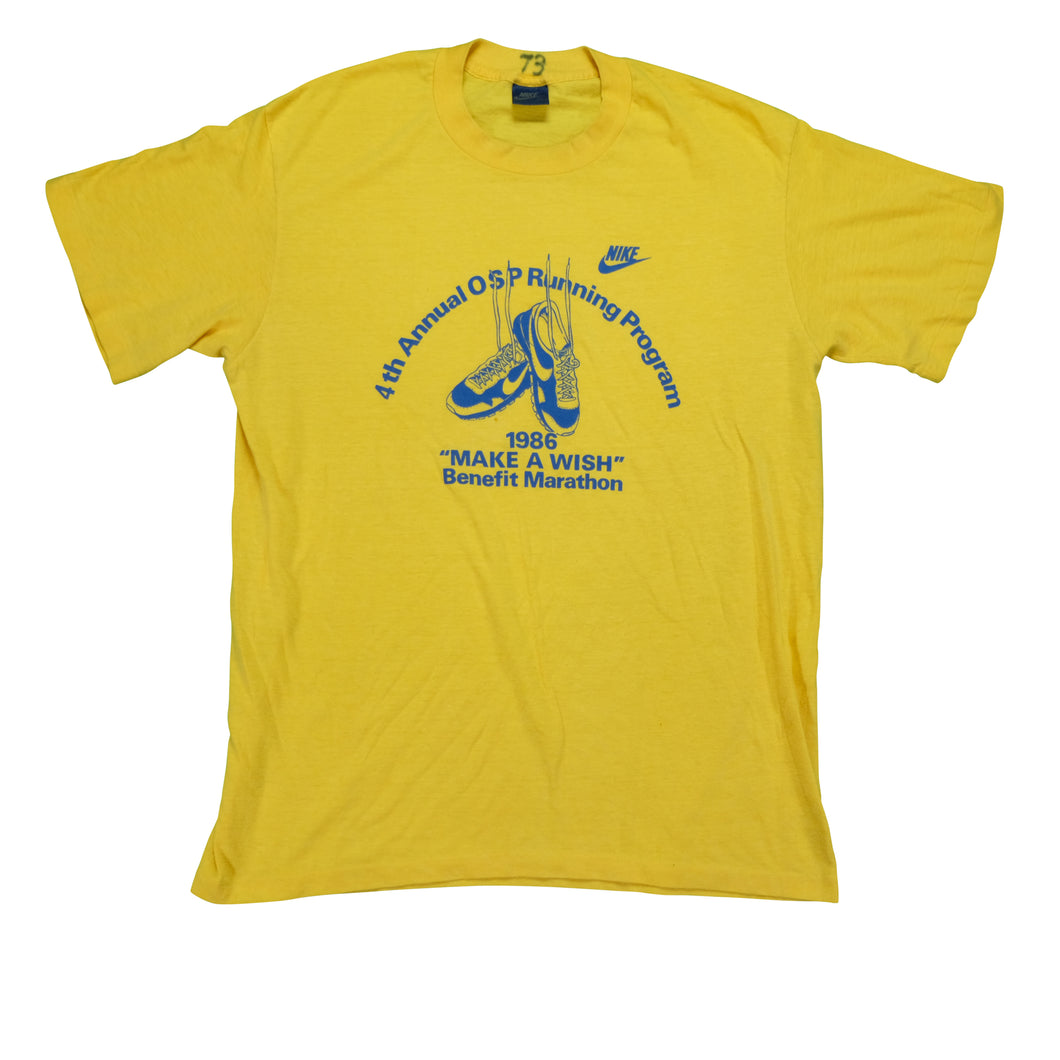 Vintage NIKE Make A Wish Benefit Marathon Spell Out Swoosh 1986 T Shirt 80s Yellow XL