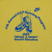 Load image into Gallery viewer, Vintage NIKE Make A Wish Benefit Marathon Spell Out Swoosh 1986 T Shirt 80s Yellow XL
