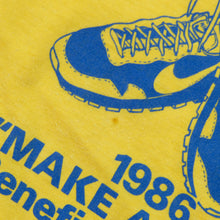 Load image into Gallery viewer, Vintage NIKE Make A Wish Benefit Marathon Spell Out Swoosh 1986 T Shirt 80s Yellow XL
