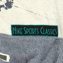Load image into Gallery viewer, Vintage NIKE Sports Classics Hockey Spell Out Patch Color Block Striped Sweatshirt 80s White Navy Blue L
