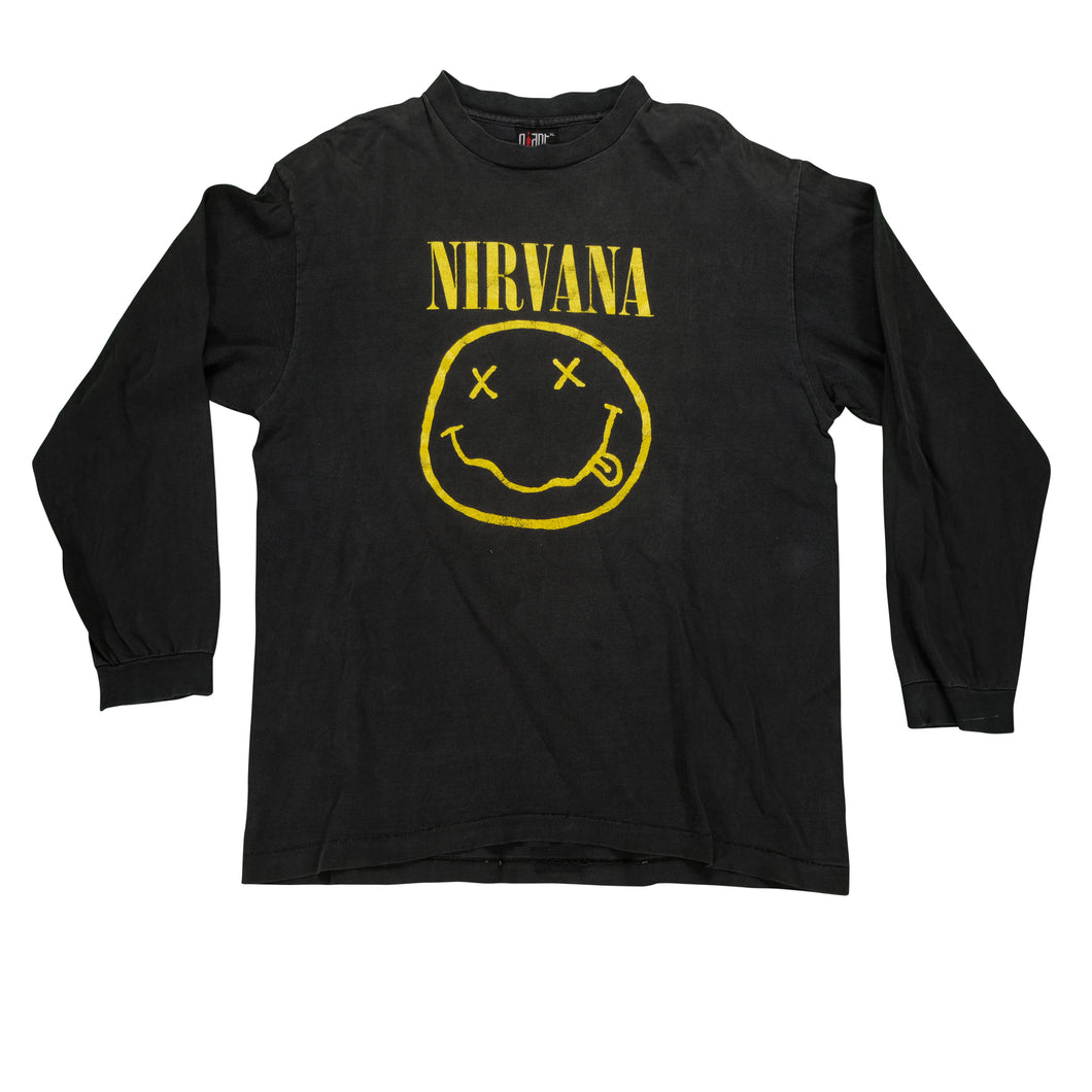 Vintage GIANT Nirvana Smiley Face Long Sleeve T Shirt 90s Black XL