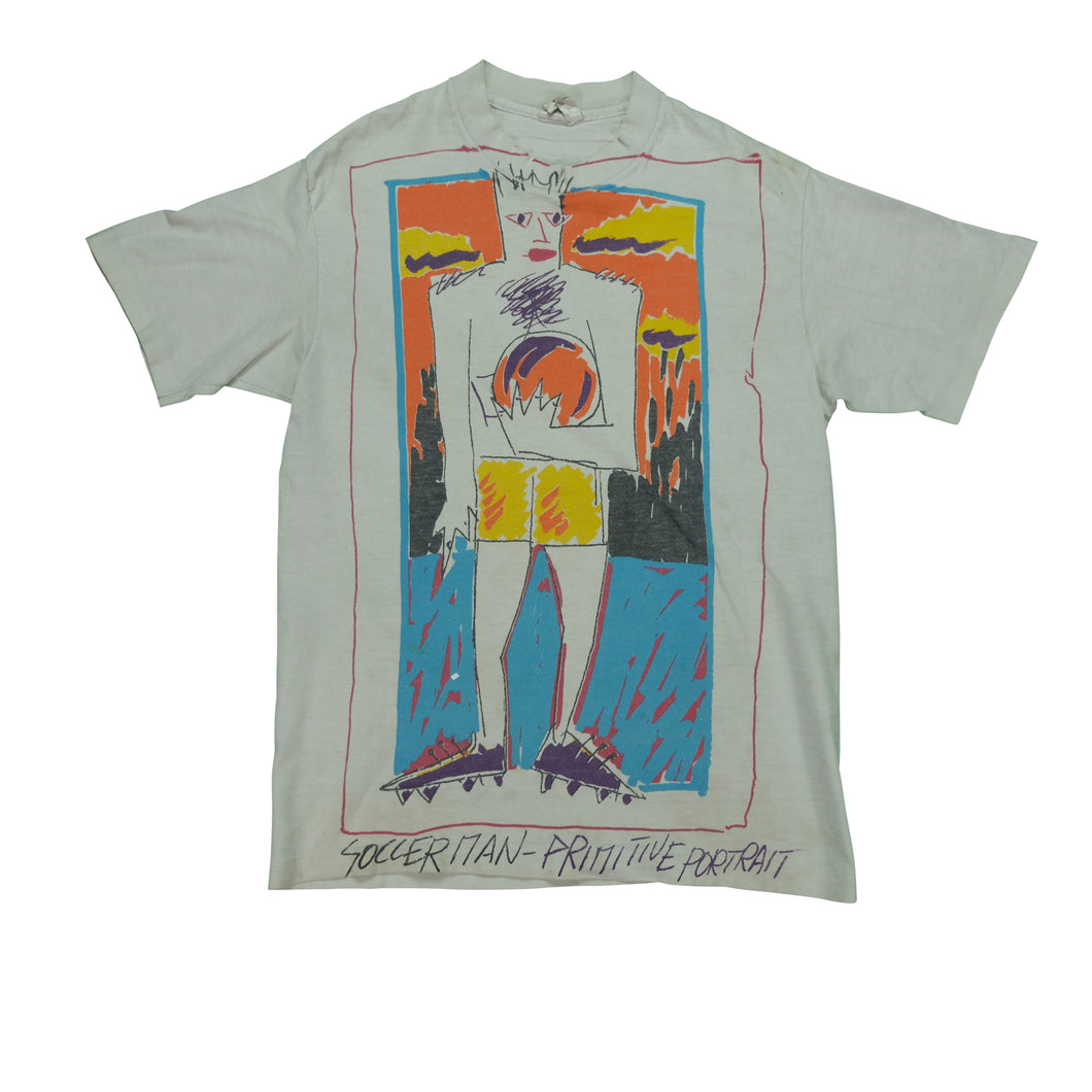Vintage Soccer Man Primitive Portrait Art T Shirt 90s White M