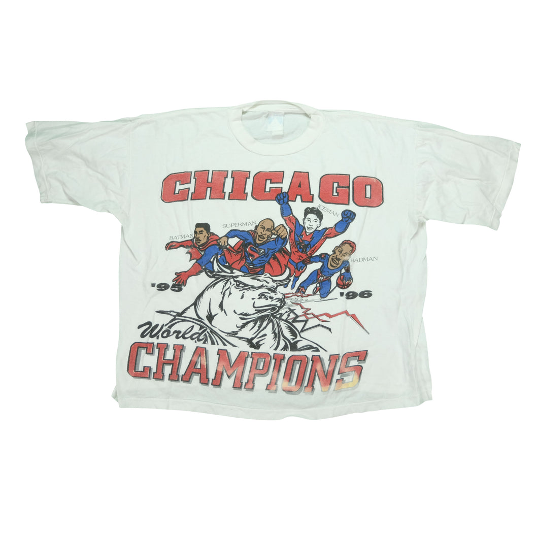 Vintage Chicago Bulls NBA World Champs Michael Jordan Dennis Rodman Scottie Pippen Superheroes 1995-1996 T Shirt 90s White