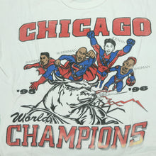 Load image into Gallery viewer, Vintage 1995/1996 Chicago Bulls World Champs Michael Jordan Dennis Rodman Scottie Pippen Superheroes Tee
