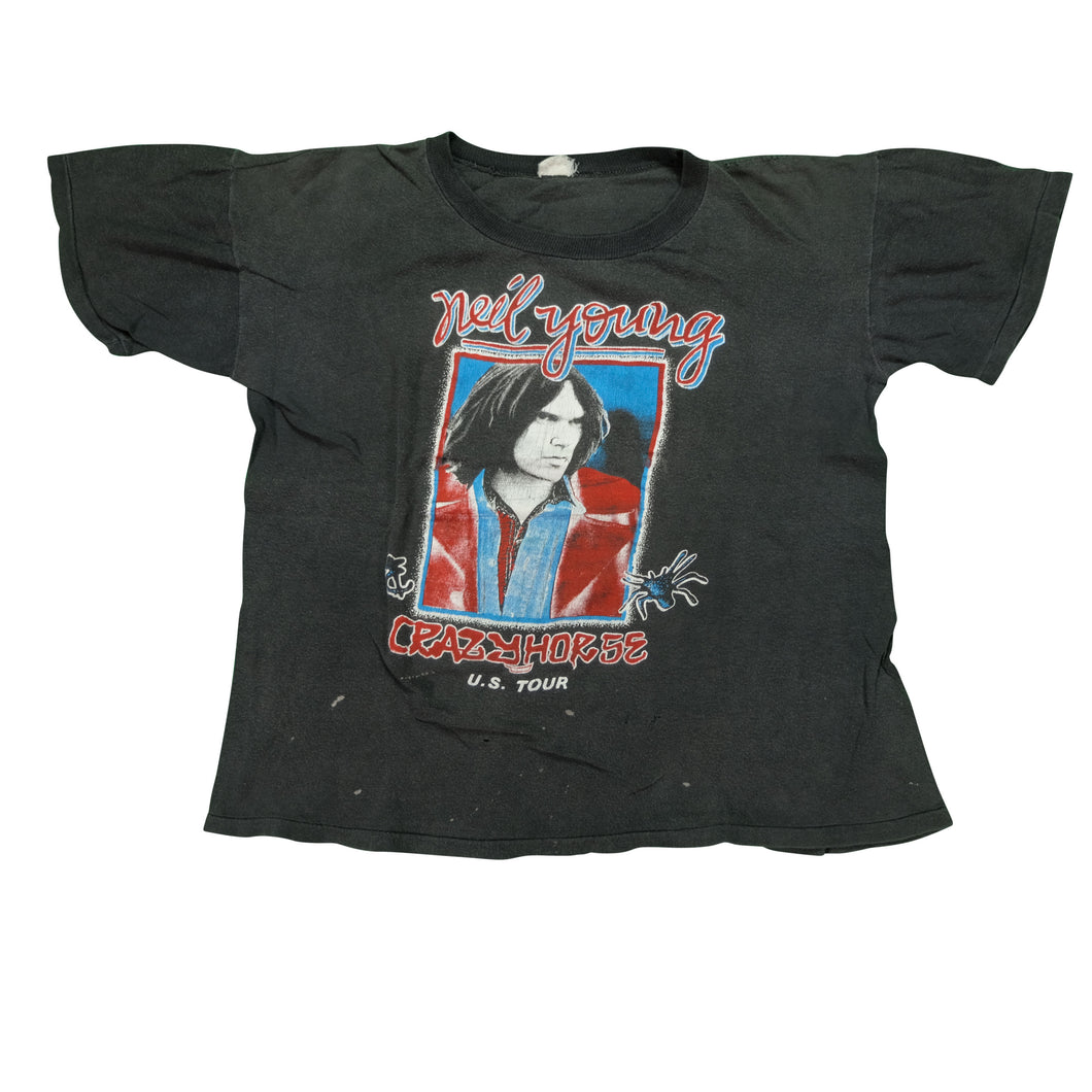 Vintage Neil Young Crazy Horse Band Tour T Shirt 80s Black
