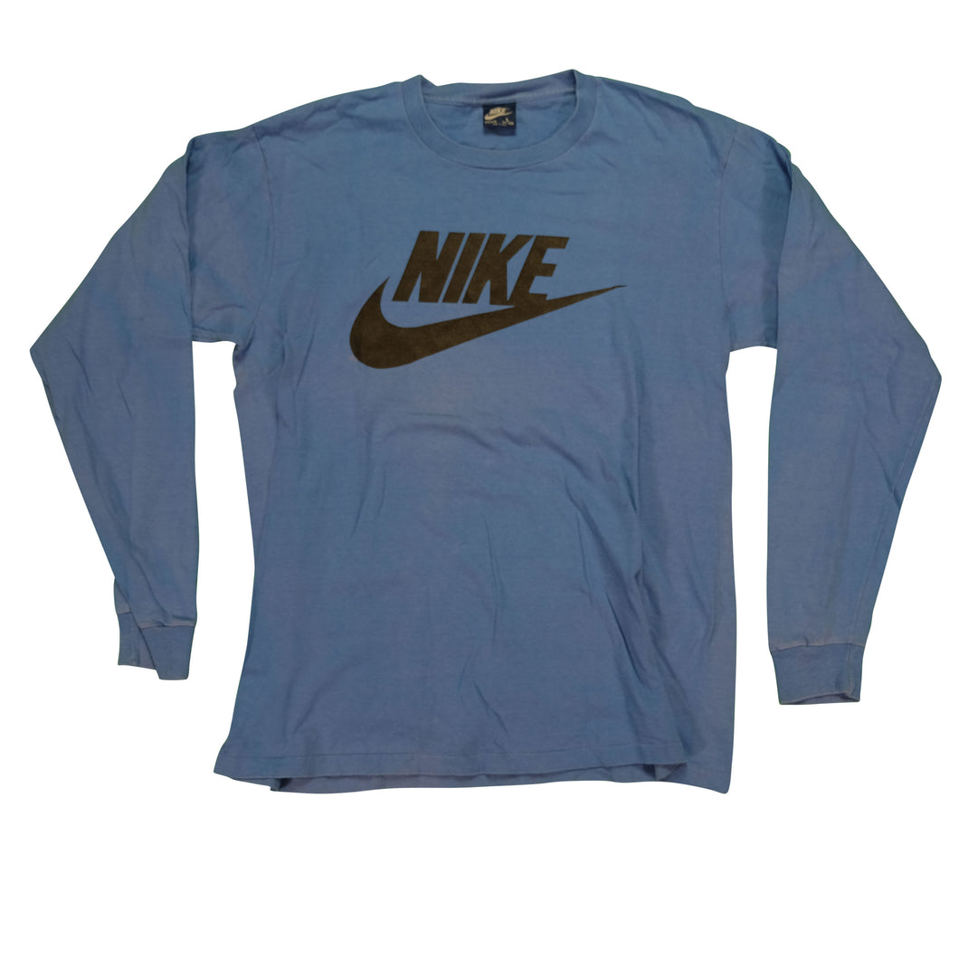 Vintage NIKE Spell Out Swoosh Long Sleeve T Shirt 80s Blue L