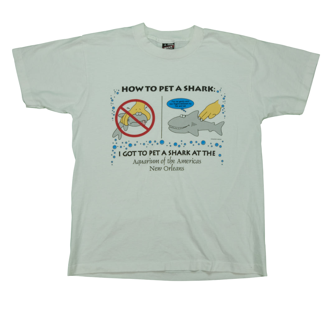 Vintage How To Pet A Shark New Orleans Aquarium T Shirt 90s White L