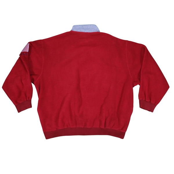 Vintage POLO SPORT Ralph Lauren USA Flag Patch Spell Out Fleece Sweatshirt 90s Red XL