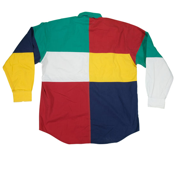 Vintage TOMMY HILFIGER Cross Flags Spell Out Color Block Button Front Shirt 90s Multicolor M