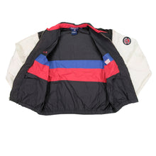 Load image into Gallery viewer, Vintage POLO SPORT Ralph Lauren Spell Out USA Flag P Patch Color Block Striped Bomber Jacket 90s Multicolor L
