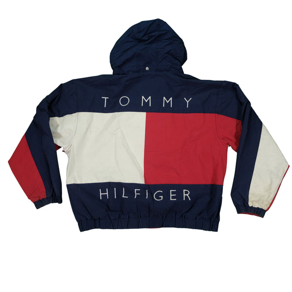 Vintage TOMMY HILFIGER Spell Out Flag Reversible Sailing Jacket 90s Red Navy Blue XL