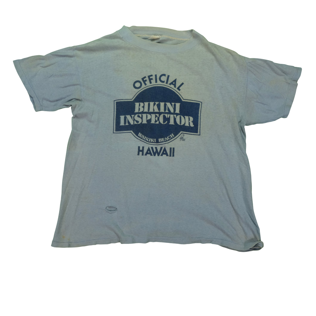 Vintage Official Bikini Inspector Waikiki Beach Hawaii T Shirt 80s Blue