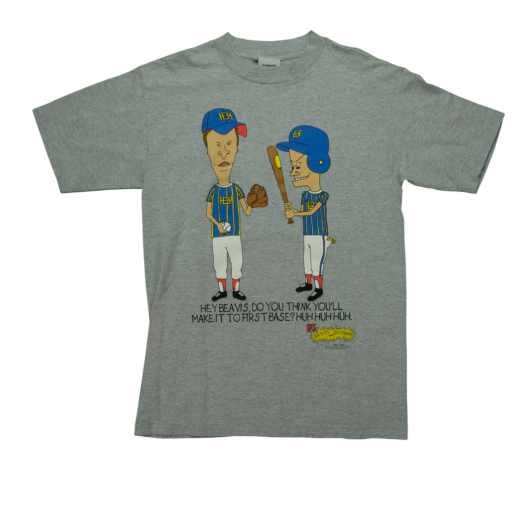 Vintage STANLEY DESANTIS Beavis and Butt-Head Do You Think You'll Make It To First Base Baseball 1997 T Shirt 90s Gray M