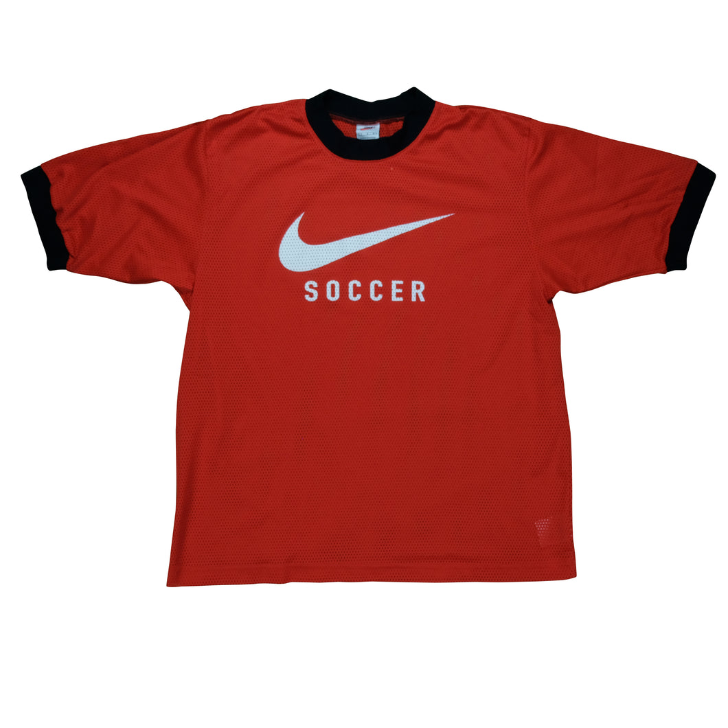 Vintage NIKE Soccer Spell Out Swoosh Mesh Jersey 90s 2000s Red Black L