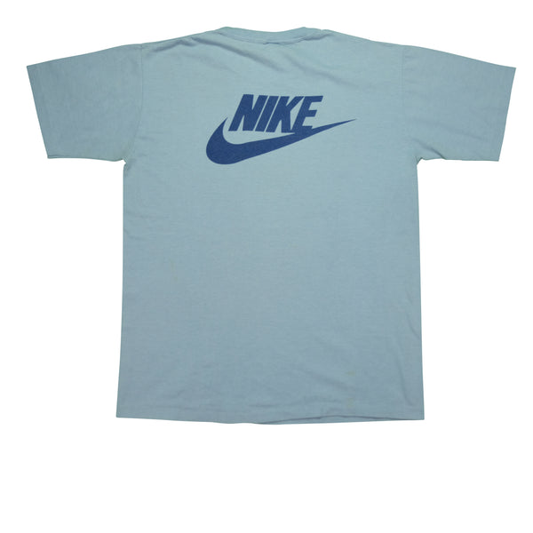 Vintage SPORTSWEAR Jack Ramsay Basketball Shootout Sponsored by Nike Spell Out Swoosh T Shirt 80s Blue L