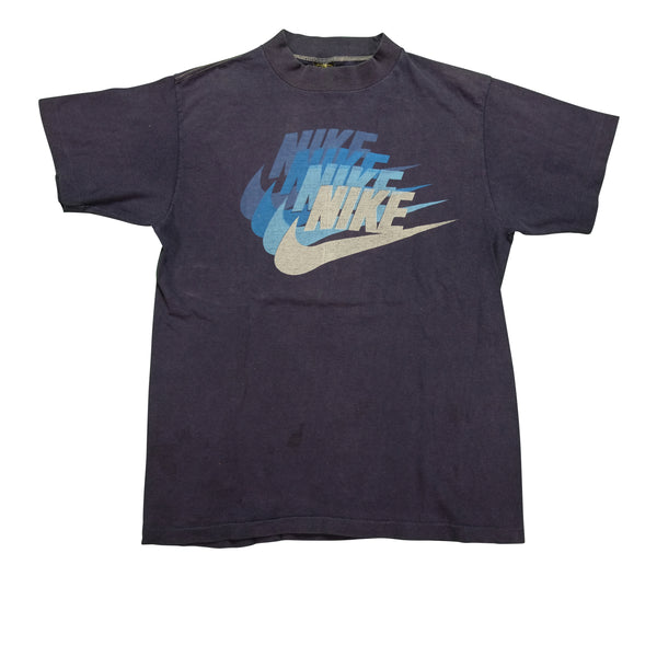 Vintage ANVIL Nike Quadruple Spell Out Swoosh T Shirt 70s 80s Navy Blue M