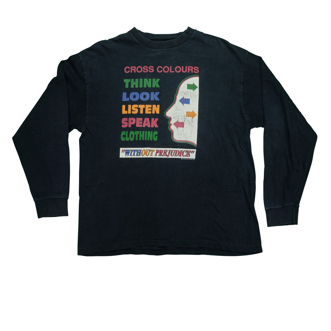 Vintage CROSS COLOURS Think Look Listen Speak Clothing Without Prejudice Long Sleeve T Shirt 90s Black OSFA