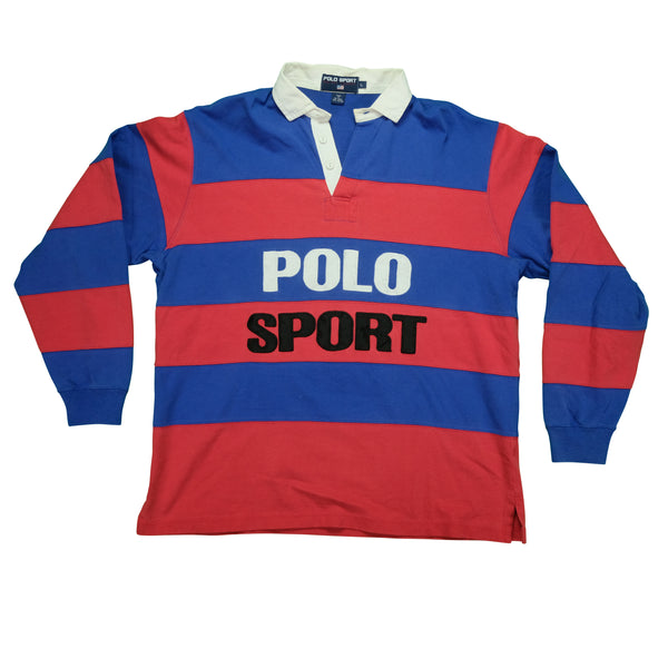 Vintage POLO SPORT Ralph Lauren Spell Out Striped Rugby Shirt 90s Red Blue L