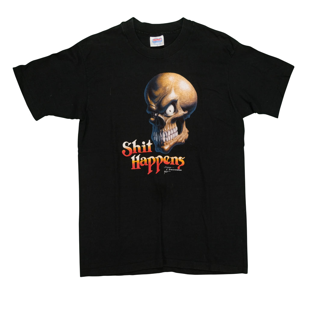 Vintage JRS ENTERPRISES Shit Happens Black Hills Biker Skull 1993 T Shirt 90s Black L