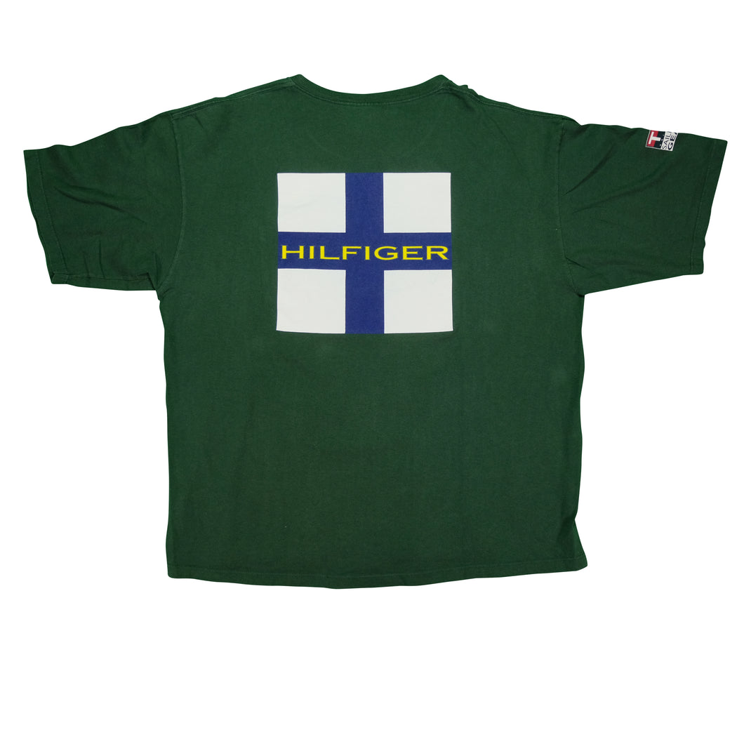 Vintage TOMMY HILFIGER Sailing Gear Spell Out Flag Pocket T Shirt 90s Green 2XL