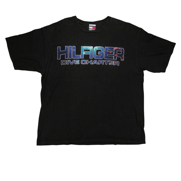 Vintage TOMMY HILFIGER Dive Charter Spell Out T Shirt 90s Black 2XL