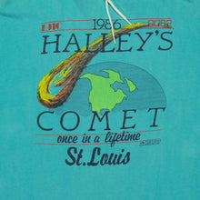 Load image into Gallery viewer, Vintage Halley&#39;s Comet Once in a Lifetime St. Louis 1986 Lightweight Hoodie Sweatshirt 80s Teal Blue
