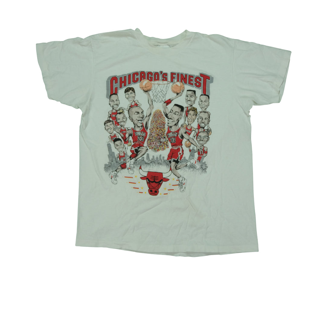 Vintage Chicago's Finest Bulls Michael Jordan & Scottie Pippen Caricature T Shirt 90s White L