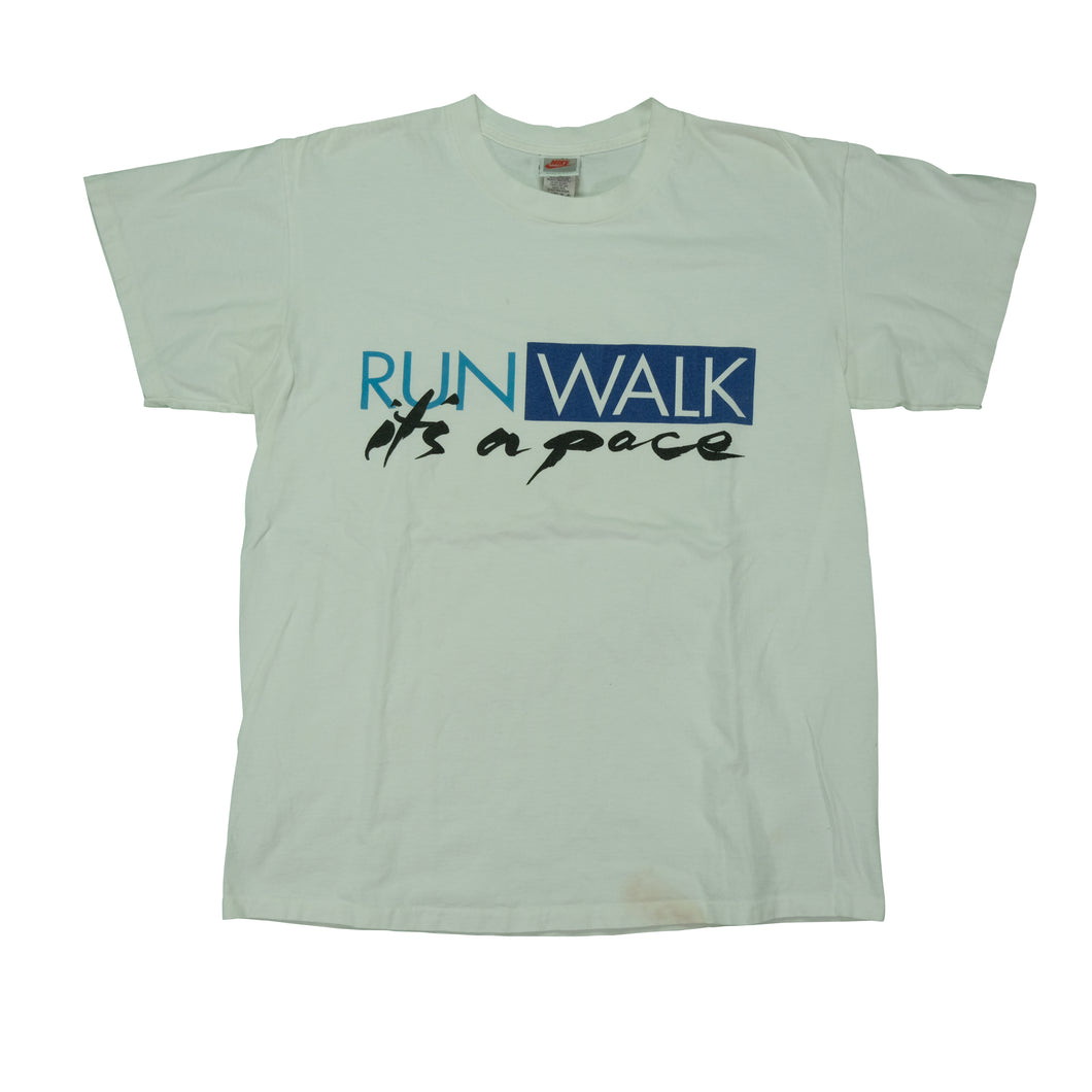 Vintage NIKE Run Walk It's A Pace Not A Race Swoosh T Shirt 80s 90s White L