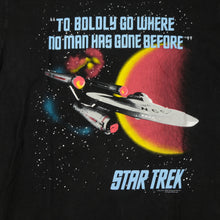 Load image into Gallery viewer, Vintage SPRING FORD Star Trek &#39;To Boldly Go Where No Man Has Gone Before&#39; 1994 Promo T Shirt 90s Black L
