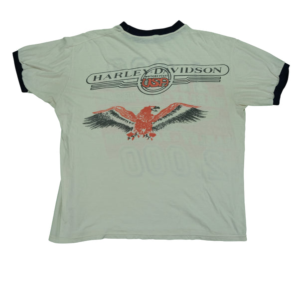 Vintage Harley Davidson Motorcycles 1.903 2.000 Eagle Ringer T Shirt 80s White Navy Blue