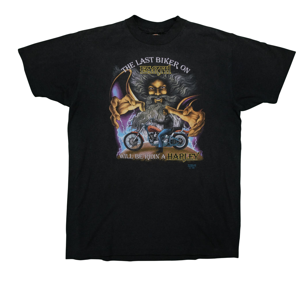 Vintage 3D EMBLEM Harley Davidson The Last Biker on Earth 1990 Wizard T Shirt 90s Black XL