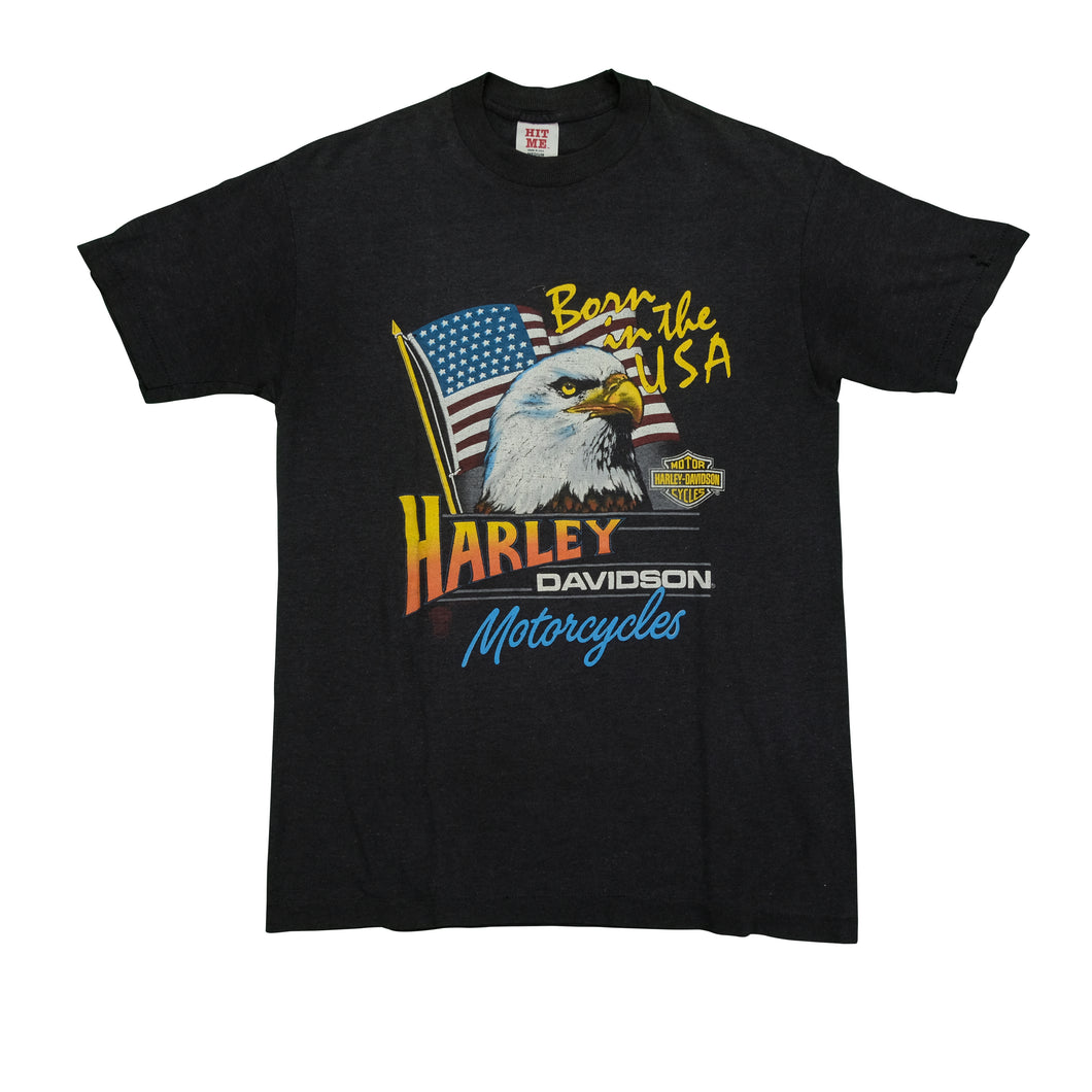 Vintage HIT ME Harley Davidson Motorcycles Born in The USA Eagle Flag T Shirt 80s 90s Black M