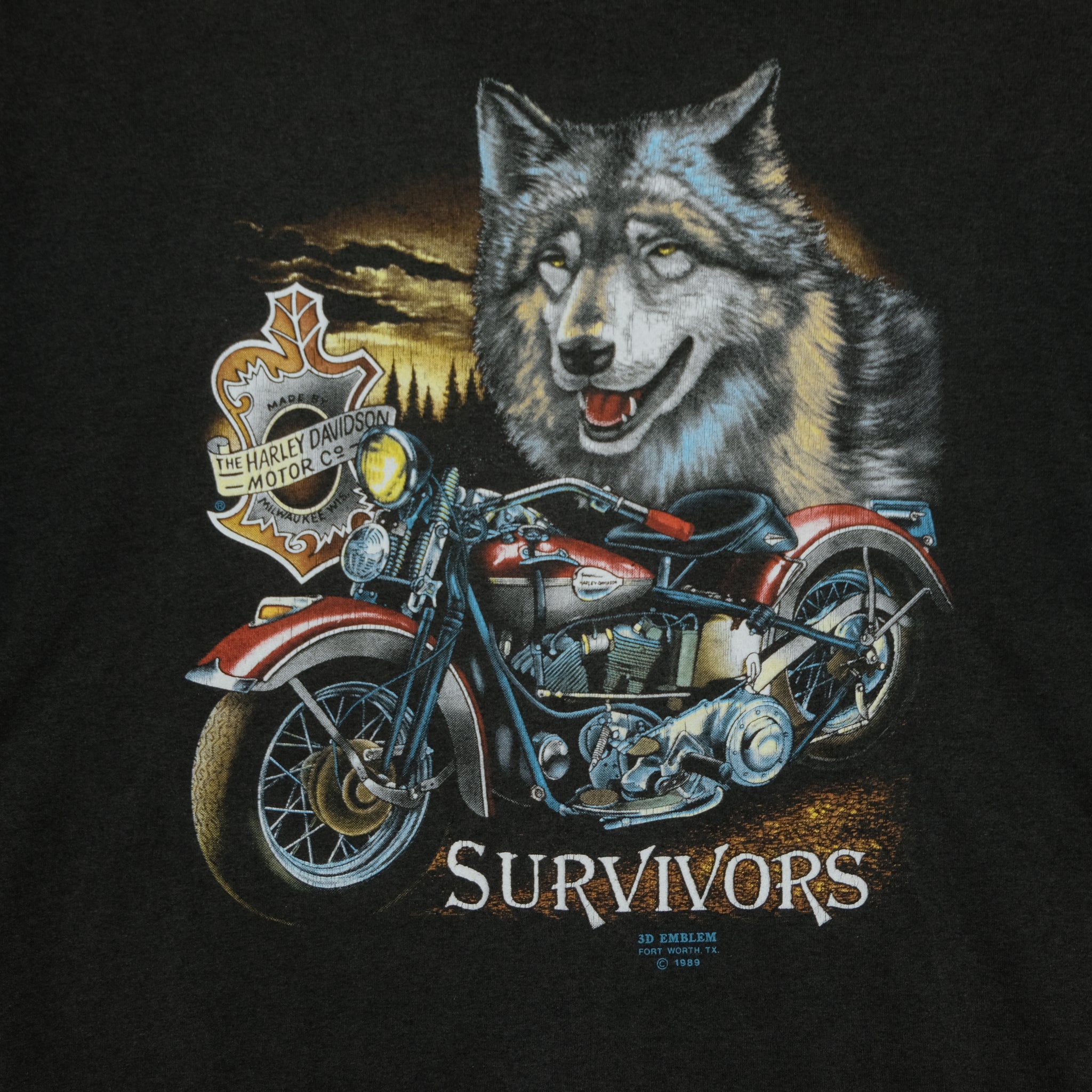 Vintage 3D EMBLEM Harley Davidson Survivors Wolf Eagle 1989 T
