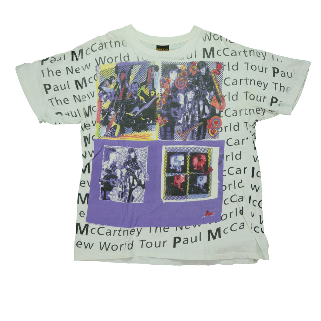 Vintage BROCKUM Paul McCartney The New World Tour All Over Print T Shirt 90s White XL