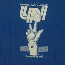 Load image into Gallery viewer, Vintage NIKE Louisiana-Pacific Invitational LPI Spell Out Swoosh 1985 T Shirt 80s Blue L
