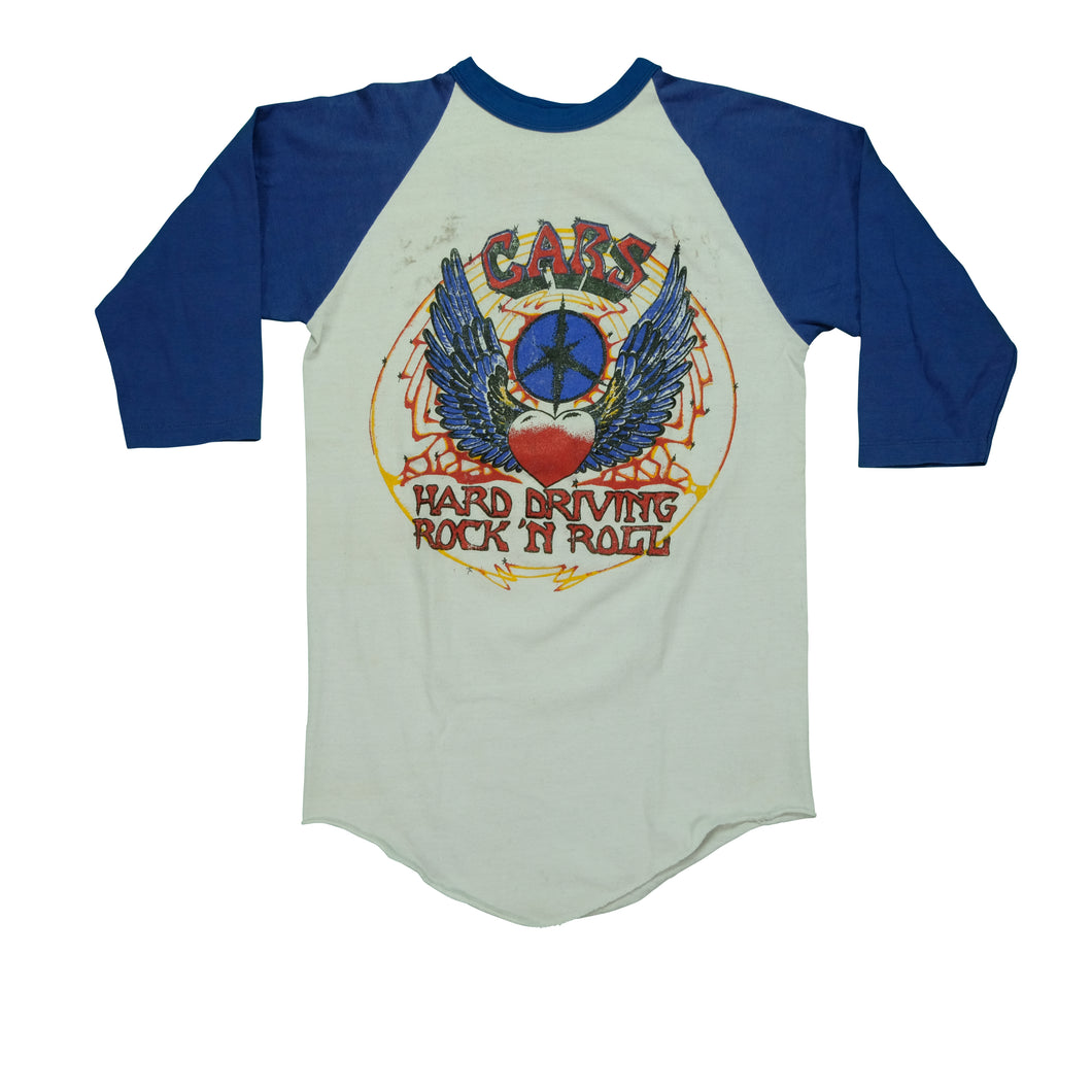 Vintage SPORTSWEAR The Cars Hard Driving Rock N' Roll Tour Raglan T Shirt 80s White Blue L