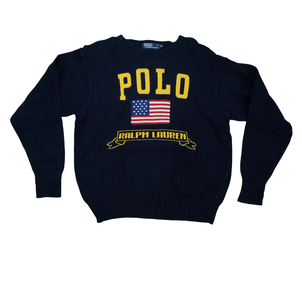 Vintage POLO RALPH LAUREN American Flag Spell Out Knit Sweater 90s Navy Blue XL