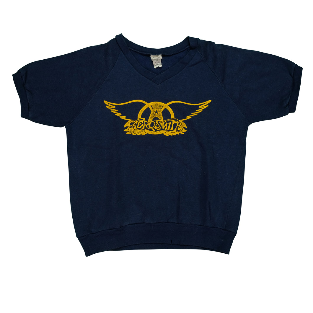 Vintage Aerosmith Wings Tour Graphic Short Sleeve Sweatshirt 80s 90s Navy Blue XL