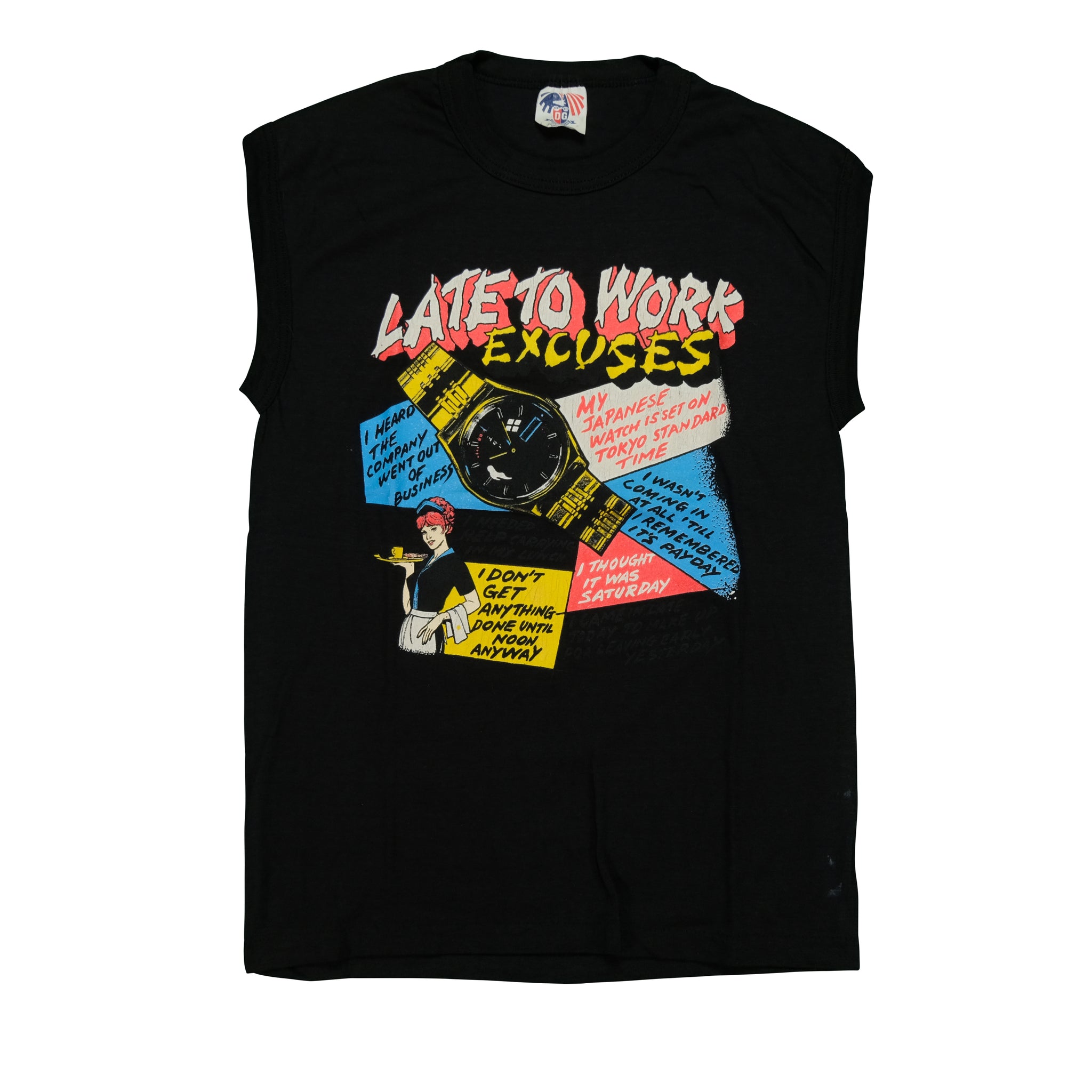 Vintage DG SPORTSWEAR Late To Work Excuses Sleeveless T Shirt 90s Blac –  Reset Web Store, image size:2048x2048