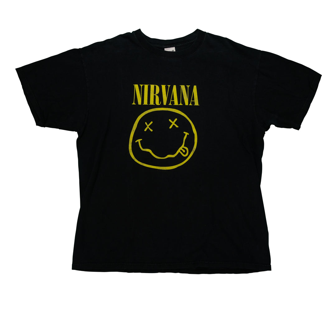 Vintage ANVIL Nirvana Smiley Face T Shirt Kurt Cobain 2000s Black XL