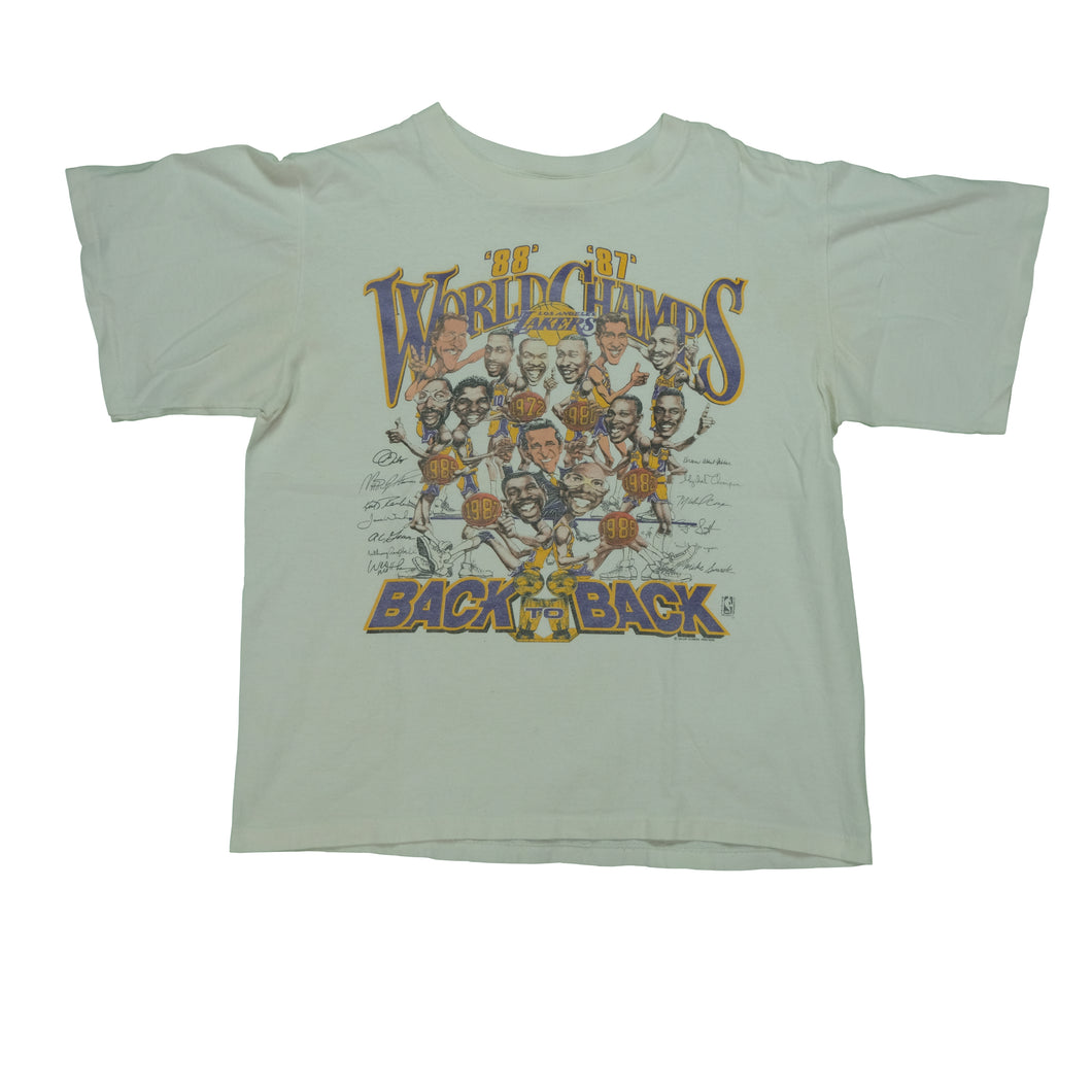 Vintage SALEM Los Angeles Lakers Back To Back World Champions 1988 T Shirt 80s Showtime White L