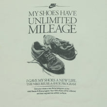 Load image into Gallery viewer, Vintage NIKE Town My Shoes Have Unlimited Mileage Reuse-A-Shoe Program Spell Out Swoosh T Shirt 80s 90s White XL
