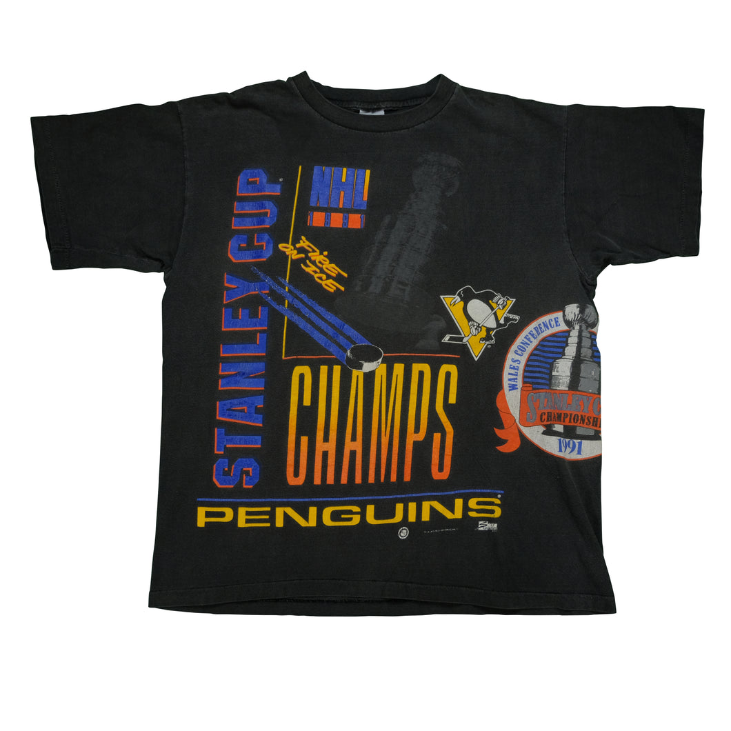Vintage SALEM Pittsburgh Penguins 1991 Stanley Cup Champions T Shirt 90s Black XL