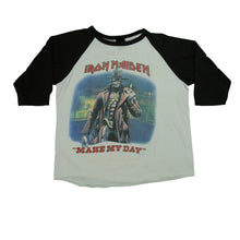 Load image into Gallery viewer, Vintage Iron Maiden Stranger in a Strange Land Make My Day 1987 Tour Raglan T Shirt 80s White Black
