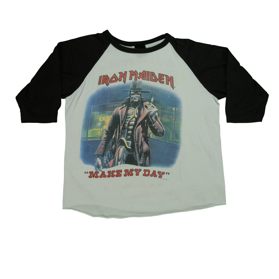 Vintage Iron Maiden Stranger in a Strange Land Make My Day 1987 Tour Raglan T Shirt 80s White Black