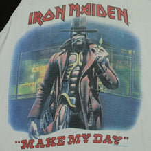Load image into Gallery viewer, Vintage Iron Maiden Stranger in a Strange Land Make My Day 1987 Tour Raglan T Shirt 80s White Black
