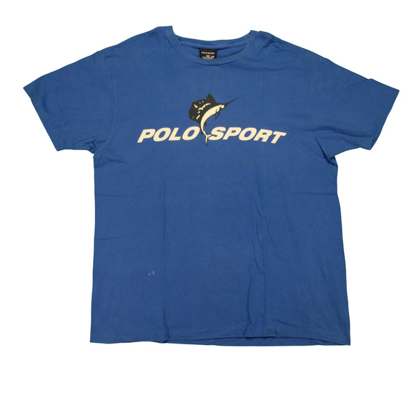 Vintage POLO SPORT Ralph Lauren Marlin Swordfish Spell Out T Shirt 90s Blue 2XL